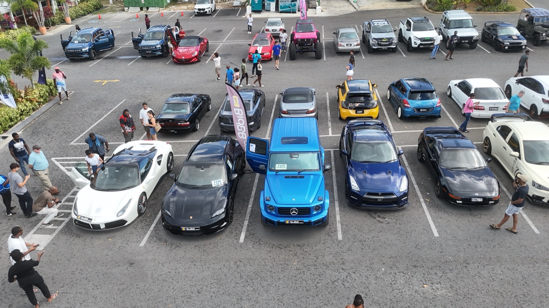 Drone photo of the Cars and Coffee Barbados turnout at Haymans Market