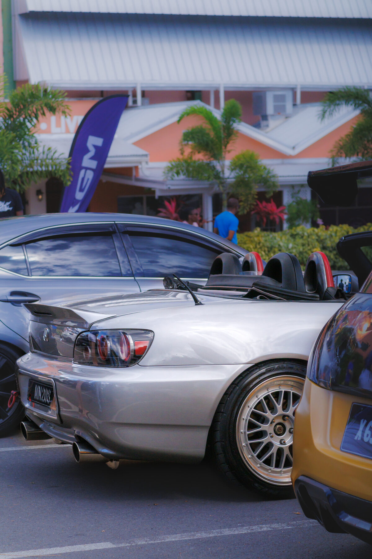Silver Honda S2000 parked among cars at Cars and Coffee Barbados