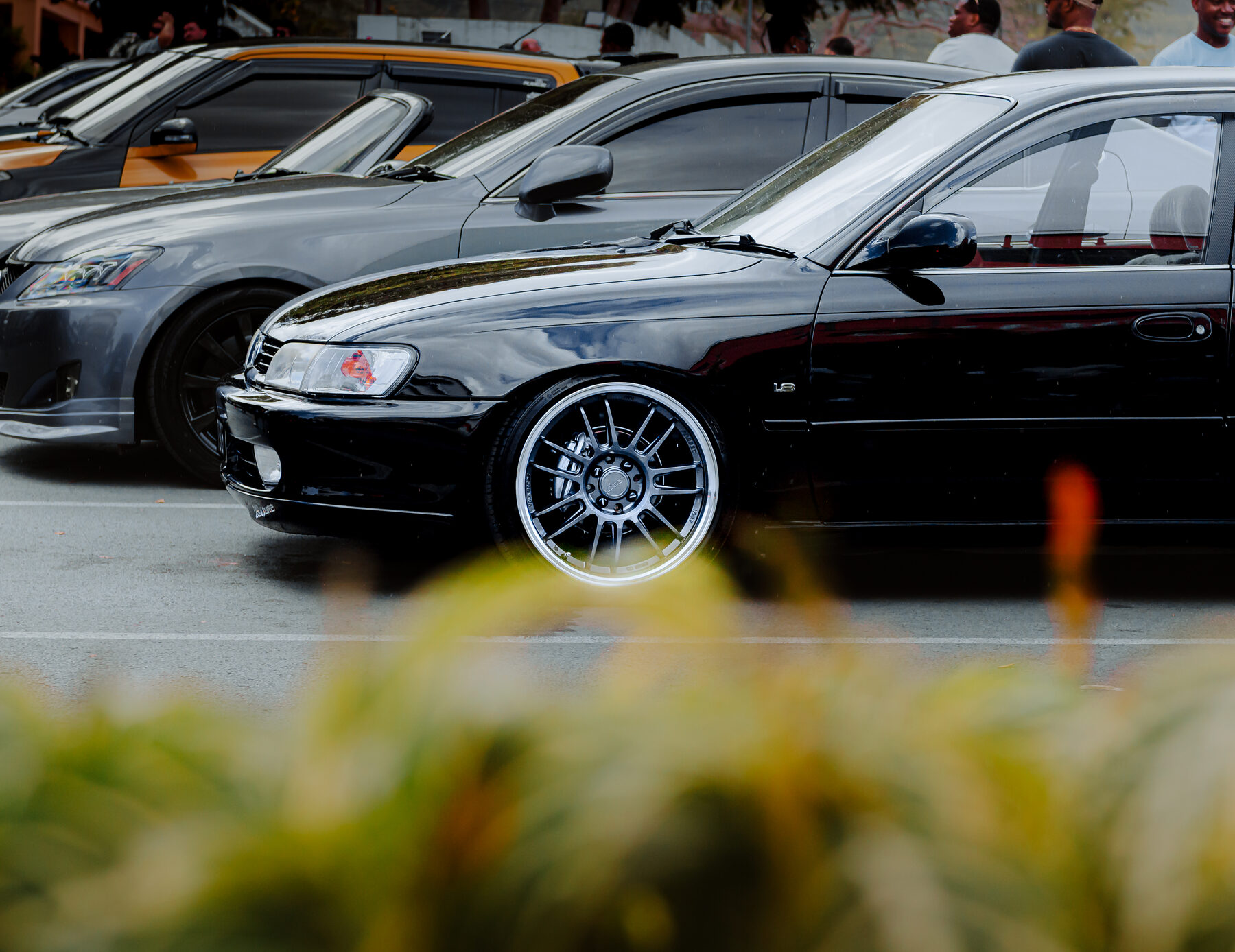Black car in a lineup at the Haymans Market Cars and Coffee meet