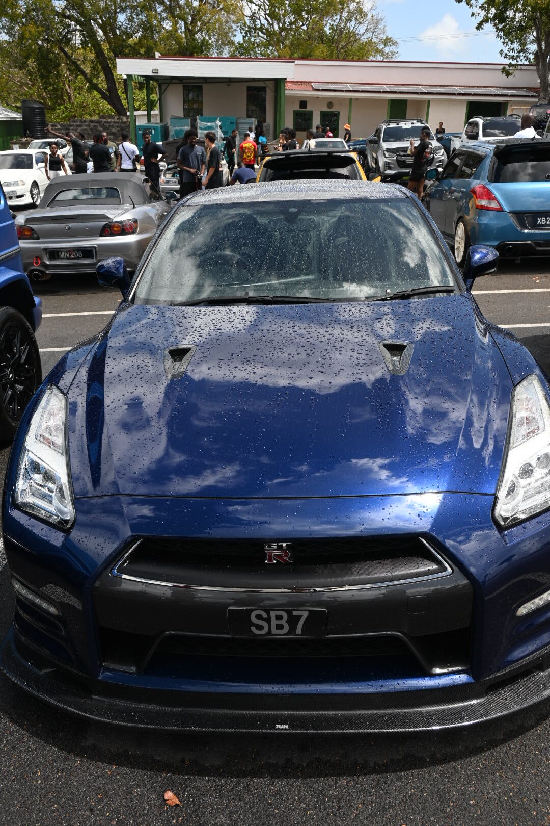 Blue Nissan GT-R photographed at the April Cars and Coffee Barbados meet